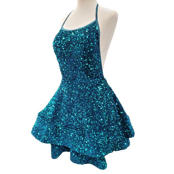 NWT Teal Halter Scoop Neck Sequin Short Dress - Picture 7 of 13
